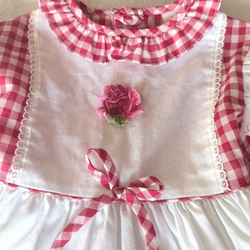 Vintage Kids Red‎ Gingham Lace Pinafore Dress Long Sleeve Rose 4T Made in USA